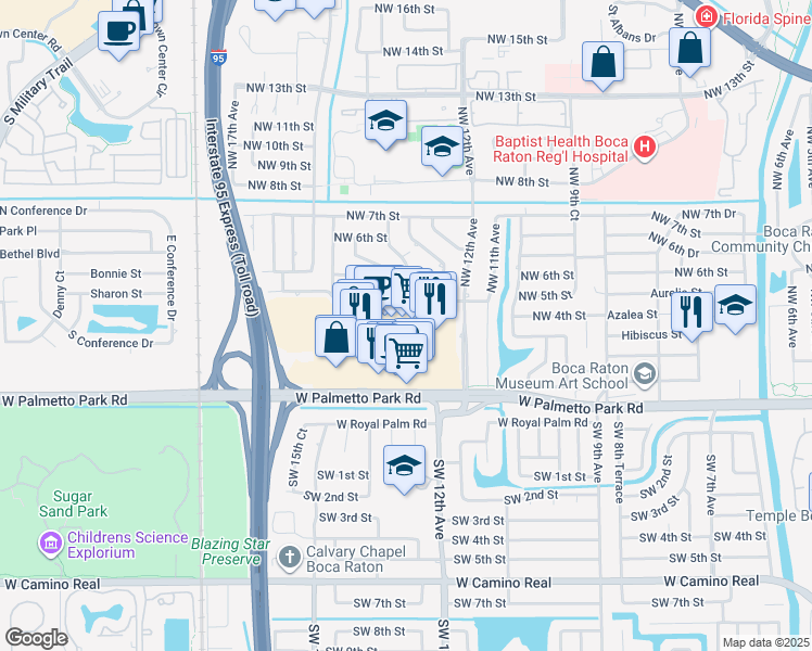 map of restaurants, bars, coffee shops, grocery stores, and more near 1341 West Palmetto Park Road in Boca Raton