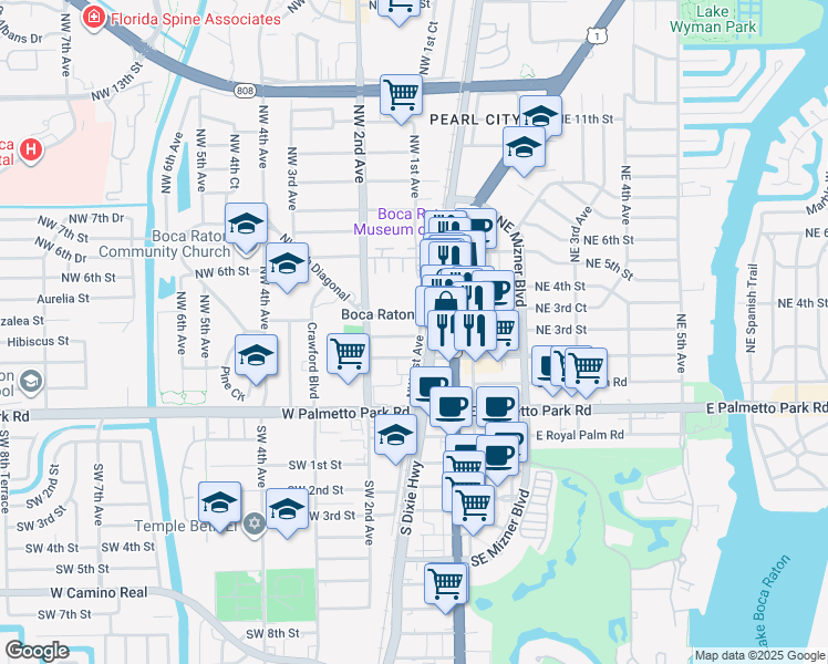 map of restaurants, bars, coffee shops, grocery stores, and more near 100 Northwest 4th Street in Boca Raton