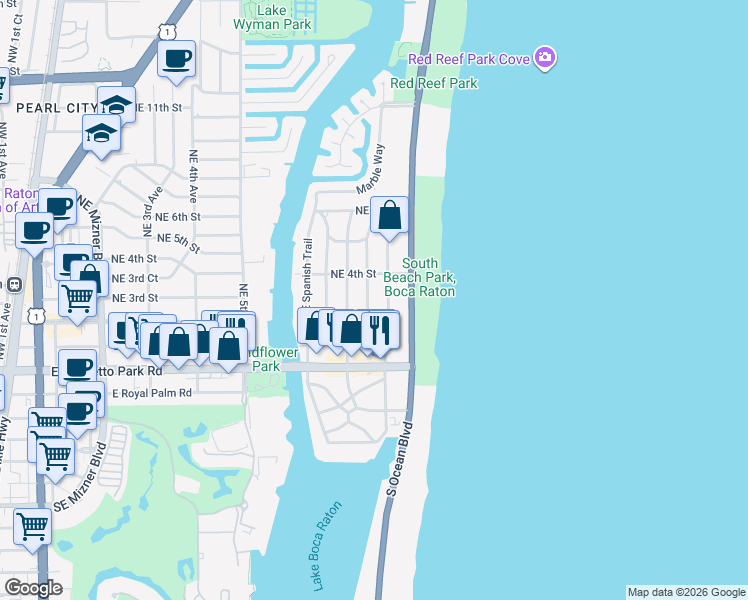 map of restaurants, bars, coffee shops, grocery stores, and more near 299 Southeast Wavecrest Way in Boca Raton