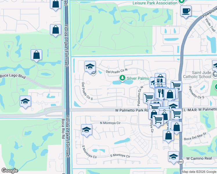 map of restaurants, bars, coffee shops, grocery stores, and more near 7639 Sierra Drive West in Boca Raton