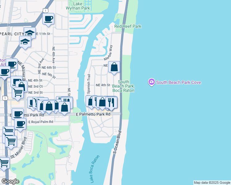 map of restaurants, bars, coffee shops, grocery stores, and more near 299 Southeast Wavecrest Way in Boca Raton