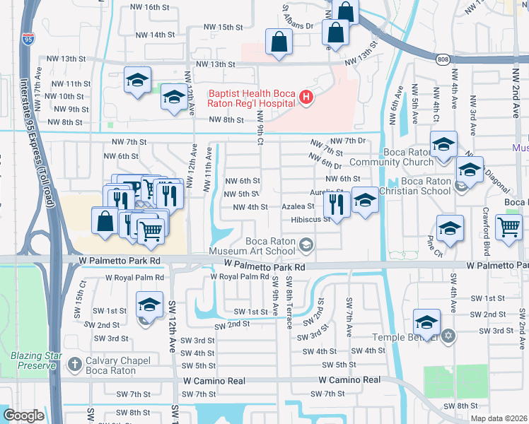 map of restaurants, bars, coffee shops, grocery stores, and more near 1000 Northwest 4th Street in Boca Raton