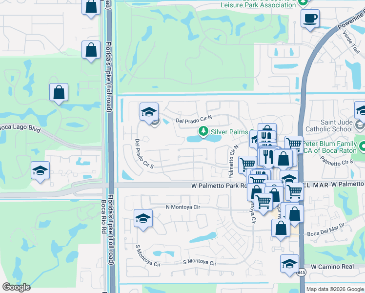map of restaurants, bars, coffee shops, grocery stores, and more near 7639 Sierra Drive West in Boca Raton