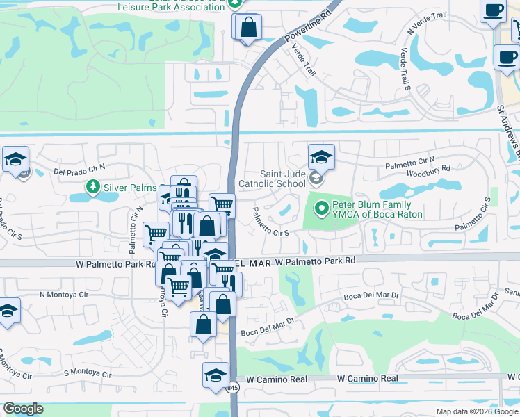 map of restaurants, bars, coffee shops, grocery stores, and more near 6725 Bridlewood Court in Boca Raton