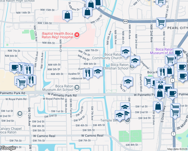 map of restaurants, bars, coffee shops, grocery stores, and more near 724 Northwest 4th Street in Boca Raton