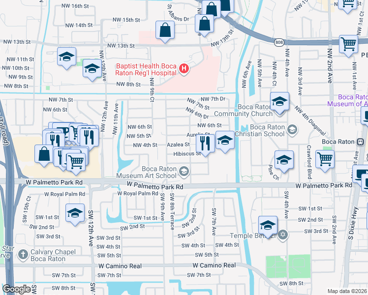 map of restaurants, bars, coffee shops, grocery stores, and more near 824 Azalea Street in Boca Raton