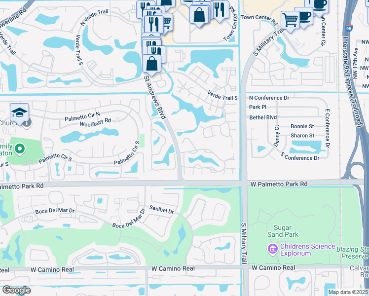 map of restaurants, bars, coffee shops, grocery stores, and more near 5520 Coach House Circle in Boca Raton