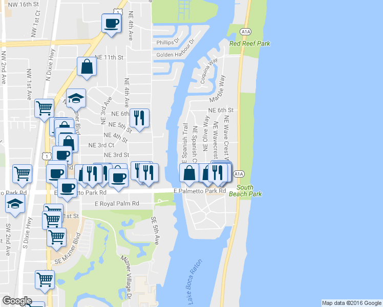 map of restaurants, bars, coffee shops, grocery stores, and more near 285 Northeast Spanish Court in Boca Raton