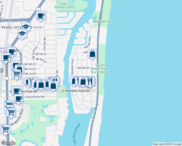 map of restaurants, bars, coffee shops, grocery stores, and more near 299 Southeast Wavecrest Way in Boca Raton