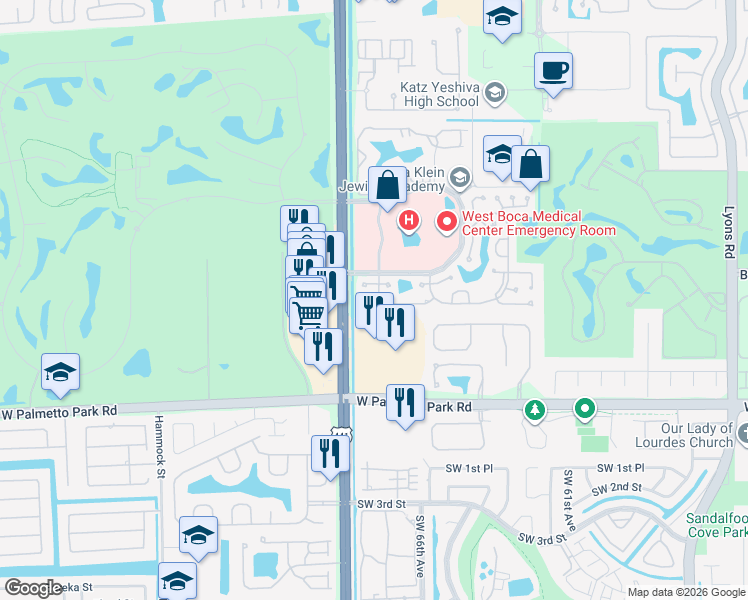 map of restaurants, bars, coffee shops, grocery stores, and more near 9907 Pinellas Park Road in Boca Raton