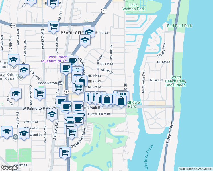 map of restaurants, bars, coffee shops, grocery stores, and more near 365 Northeast 3rd Street in Boca Raton