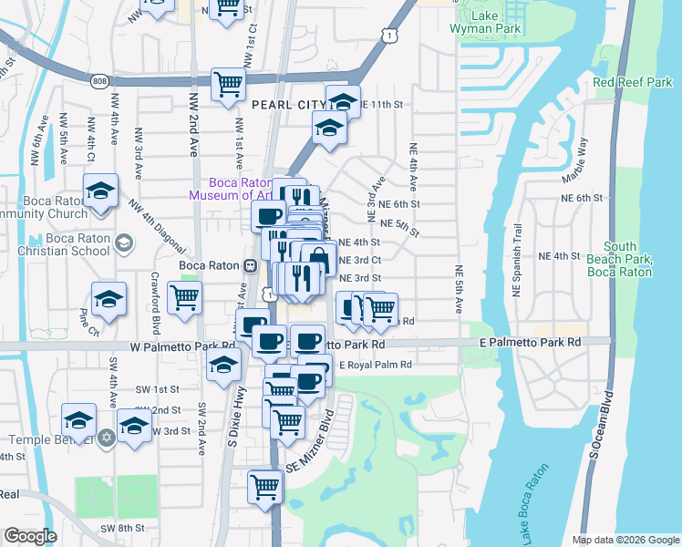 map of restaurants, bars, coffee shops, grocery stores, and more near 201 Northeast 3rd Street in Boca Raton