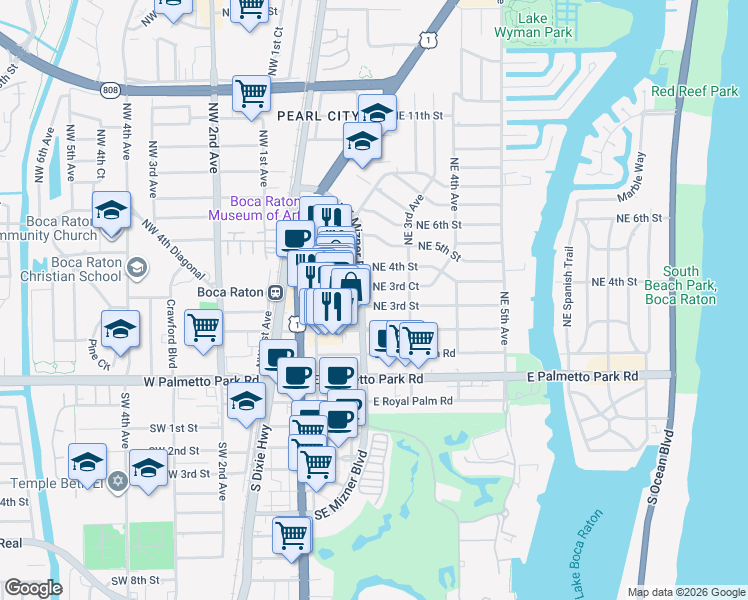 map of restaurants, bars, coffee shops, grocery stores, and more near 201 Northeast 3rd Street in Boca Raton