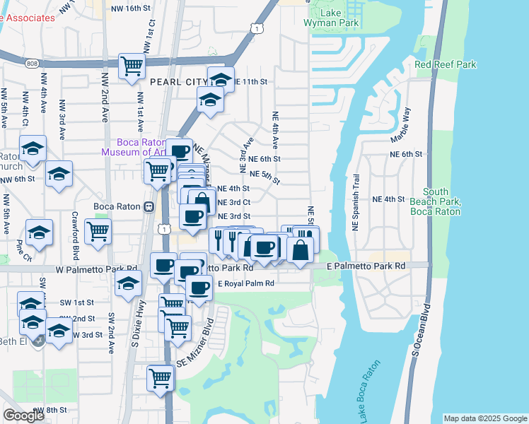 map of restaurants, bars, coffee shops, grocery stores, and more near 365 Northeast 3rd Street in Boca Raton