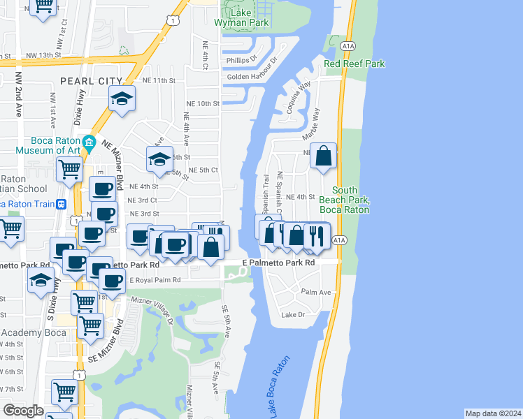 map of restaurants, bars, coffee shops, grocery stores, and more near 333 Northeast Spanish Trail in Boca Raton
