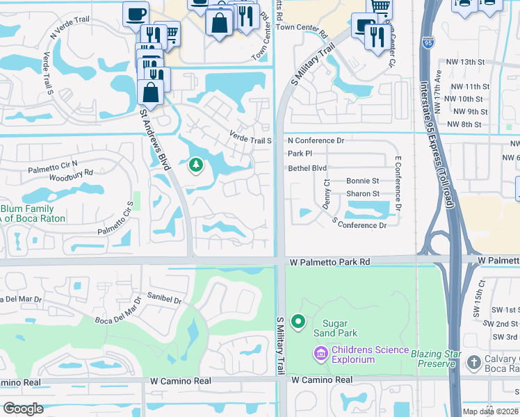 map of restaurants, bars, coffee shops, grocery stores, and more near 21725 Wapford Way in Boca Raton