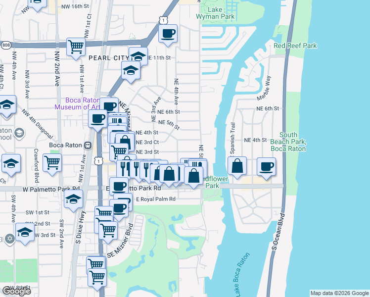 map of restaurants, bars, coffee shops, grocery stores, and more near 435 Northeast 3rd Street in Boca Raton