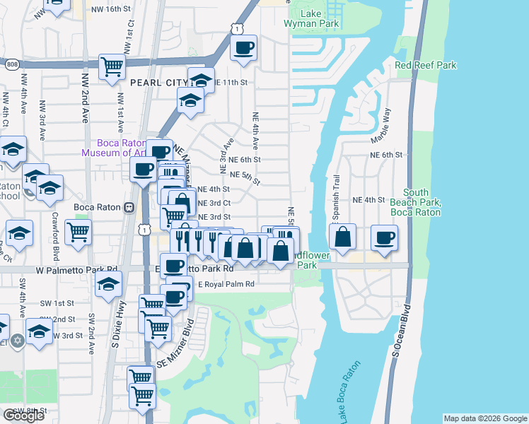 map of restaurants, bars, coffee shops, grocery stores, and more near 435 Northeast 3rd Street in Boca Raton