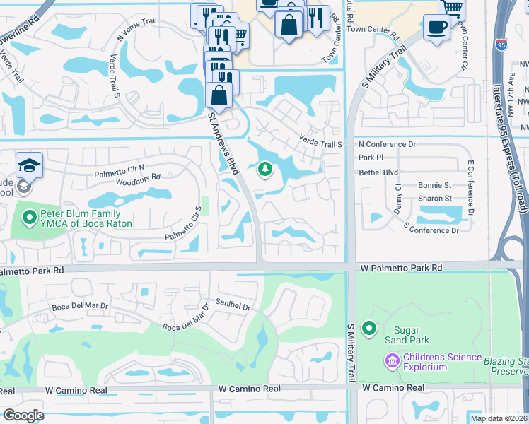 map of restaurants, bars, coffee shops, grocery stores, and more near 5520 Coach House Circle in Boca Raton