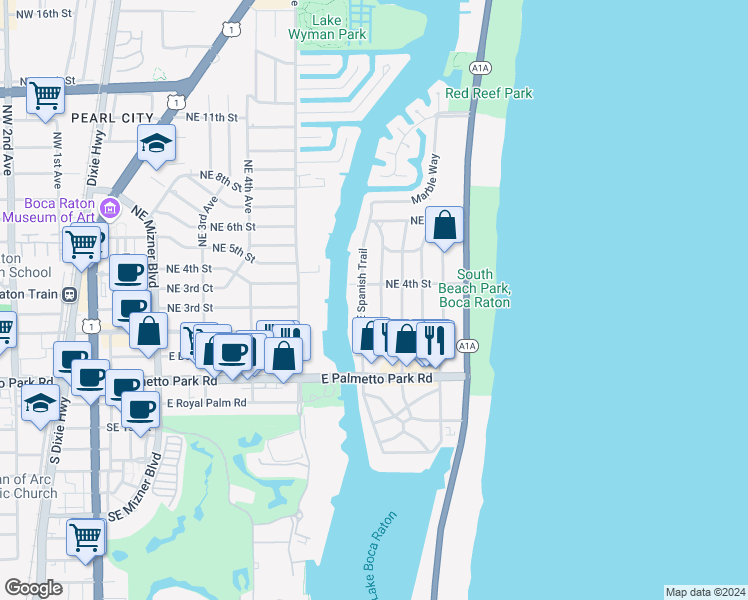 map of restaurants, bars, coffee shops, grocery stores, and more near 285 Northeast Spanish Court in Boca Raton