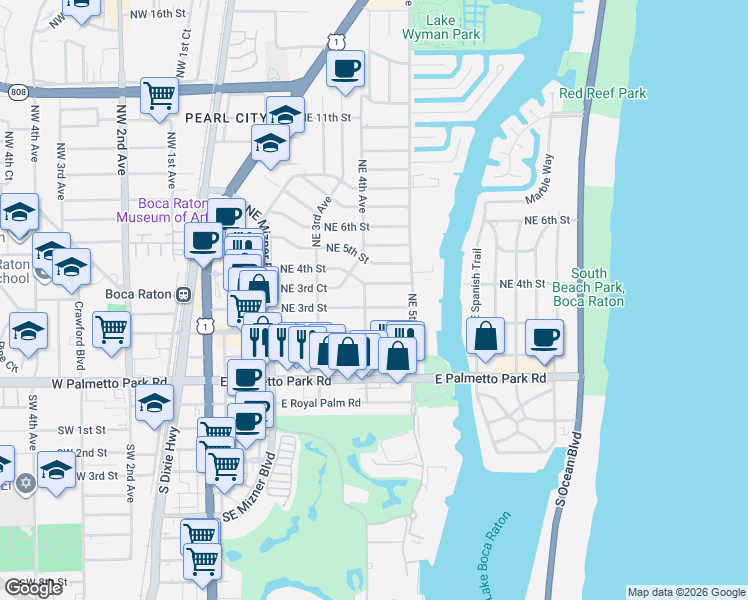 map of restaurants, bars, coffee shops, grocery stores, and more near 435 Northeast 3rd Street in Boca Raton