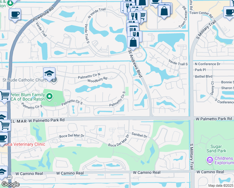 map of restaurants, bars, coffee shops, grocery stores, and more near 6085 Elmwood Drive in Boca Raton