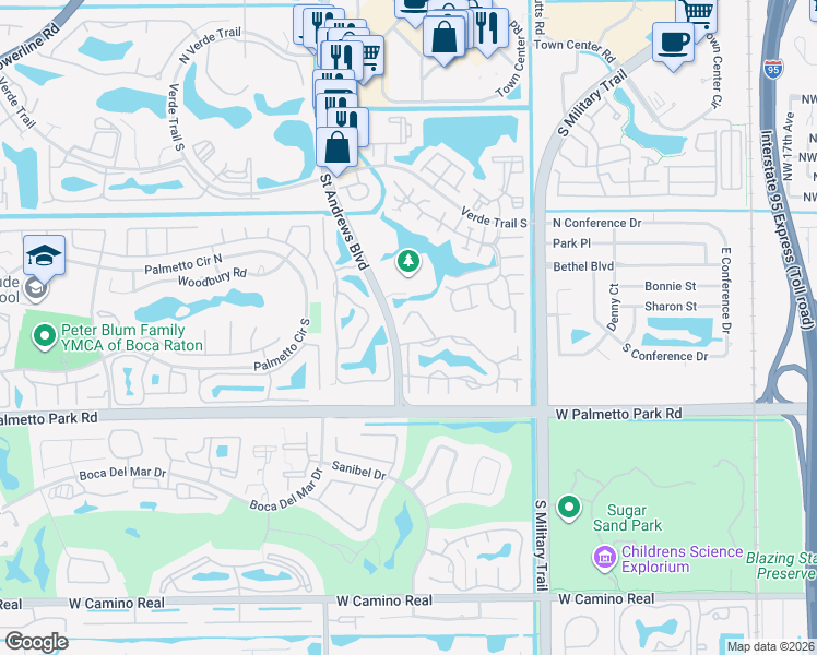 map of restaurants, bars, coffee shops, grocery stores, and more near 5520 Coach House Circle in Boca Raton