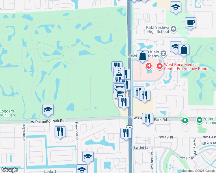map of restaurants, bars, coffee shops, grocery stores, and more near 21677 El Bosque Way in Boca Raton