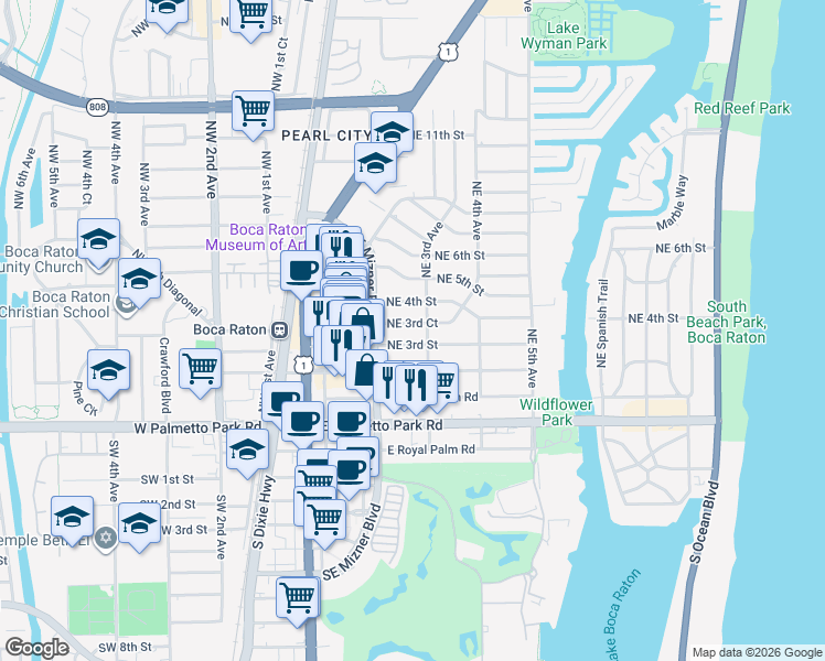 map of restaurants, bars, coffee shops, grocery stores, and more near 299 Northeast 3rd Street in Boca Raton