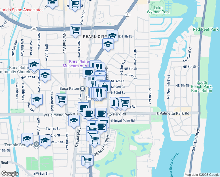 map of restaurants, bars, coffee shops, grocery stores, and more near 200 Northeast 3rd Court in Boca Raton