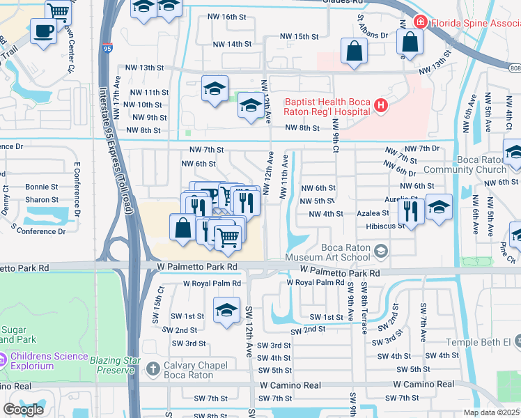 map of restaurants, bars, coffee shops, grocery stores, and more near 357 Northwest 12th Avenue in Boca Raton