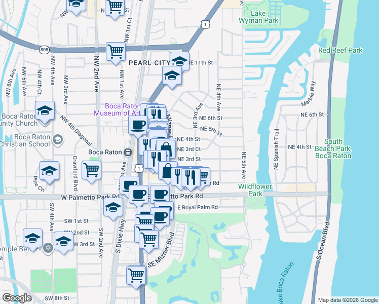 map of restaurants, bars, coffee shops, grocery stores, and more near 299 Northeast 3rd Street in Boca Raton