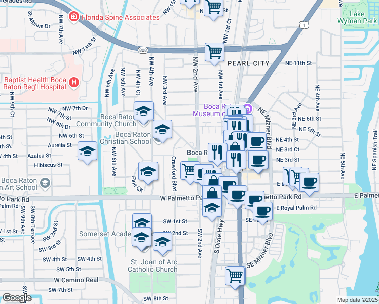 map of restaurants, bars, coffee shops, grocery stores, and more near 11 Crawford Boulevard in Boca Raton