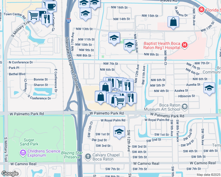 map of restaurants, bars, coffee shops, grocery stores, and more near 1385 West Palmetto Park Road in Boca Raton