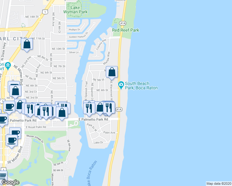map of restaurants, bars, coffee shops, grocery stores, and more near 299 Southeast Wavecrest Way in Boca Raton