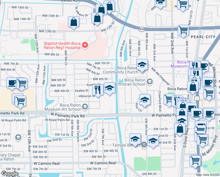 map of restaurants, bars, coffee shops, grocery stores, and more near 402 Northwest 7th Avenue in Boca Raton