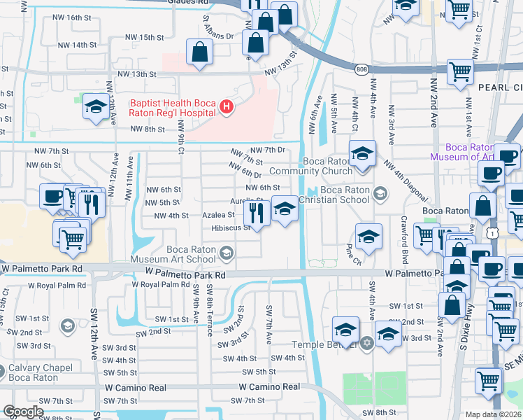 map of restaurants, bars, coffee shops, grocery stores, and more near 724 Northwest 4th Street in Boca Raton