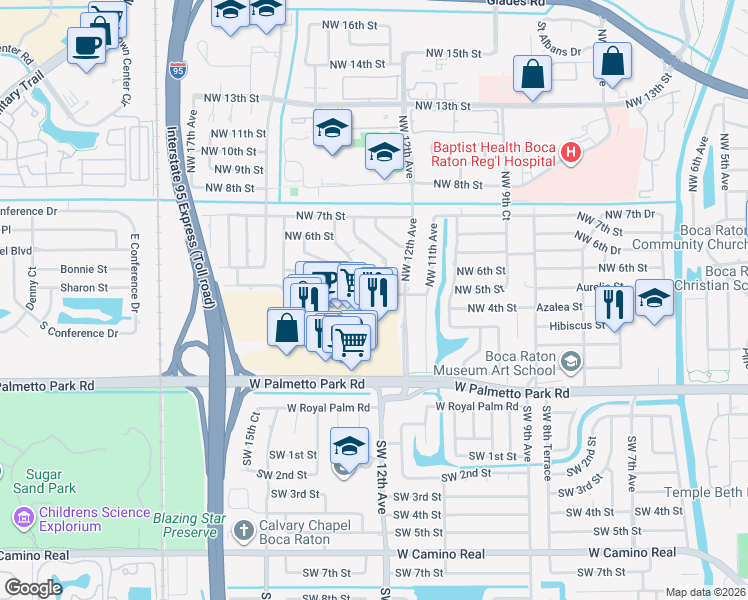 map of restaurants, bars, coffee shops, grocery stores, and more near 1341 West Palmetto Park Road in Boca Raton