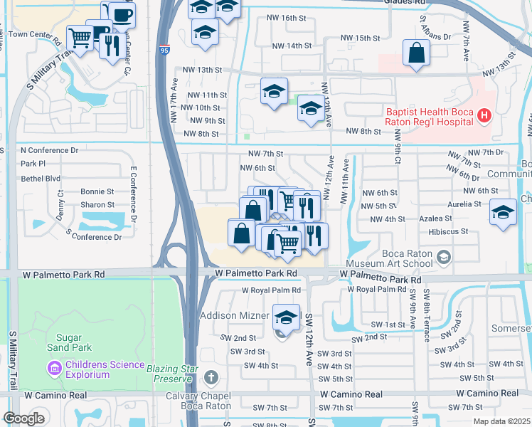 map of restaurants, bars, coffee shops, grocery stores, and more near 1385 West Palmetto Park Road in Boca Raton