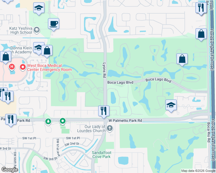 map of restaurants, bars, coffee shops, grocery stores, and more near 21875 Arriba Real in Boca Raton