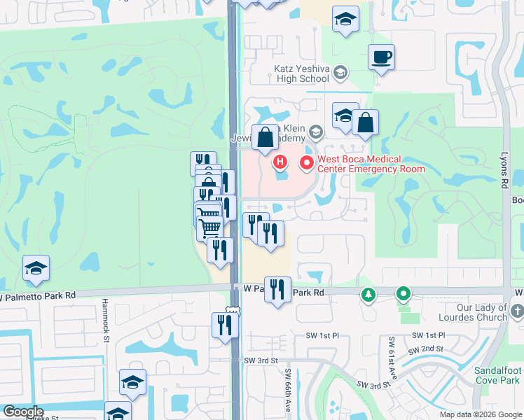 map of restaurants, bars, coffee shops, grocery stores, and more near 9907 Pinellas Park Road in Boca Raton