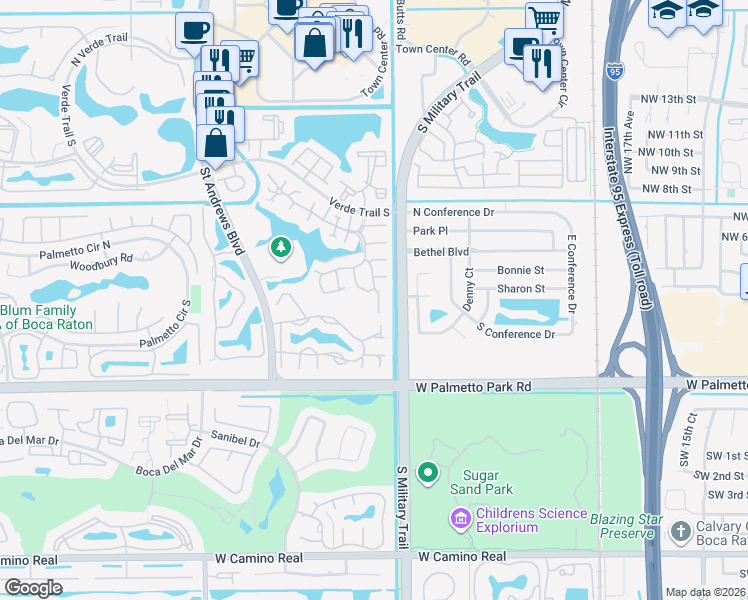 map of restaurants, bars, coffee shops, grocery stores, and more near 21725 Wapford Way in Boca Raton