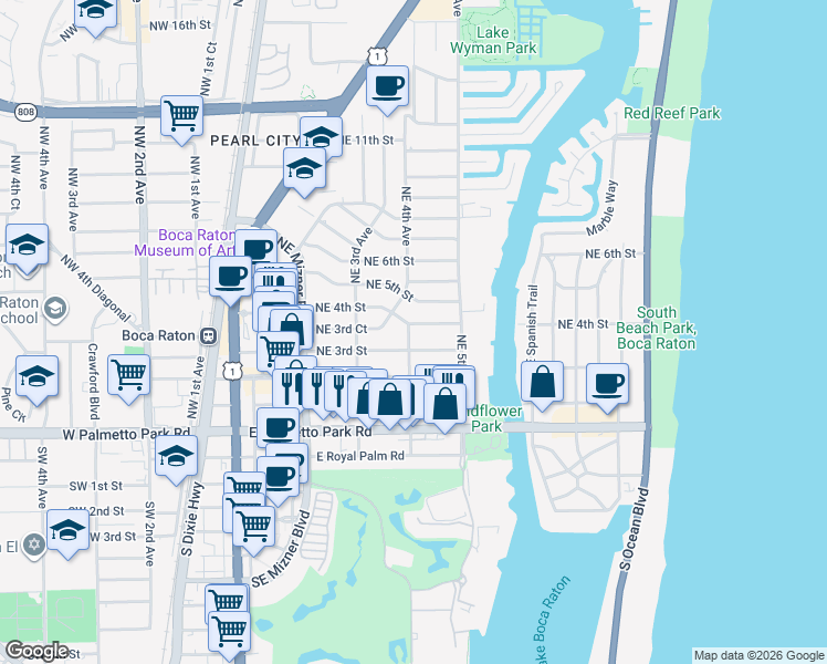 map of restaurants, bars, coffee shops, grocery stores, and more near 435 Northeast 3rd Street in Boca Raton