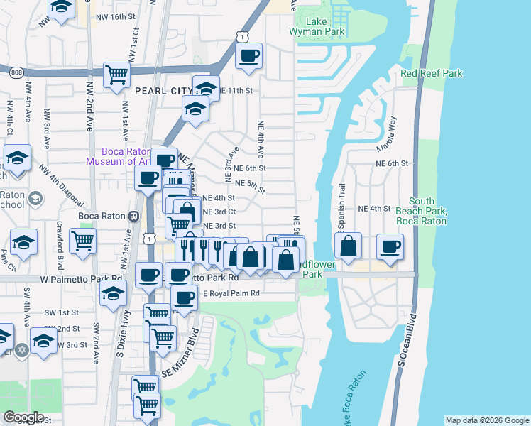 map of restaurants, bars, coffee shops, grocery stores, and more near 435 Northeast 3rd Street in Boca Raton
