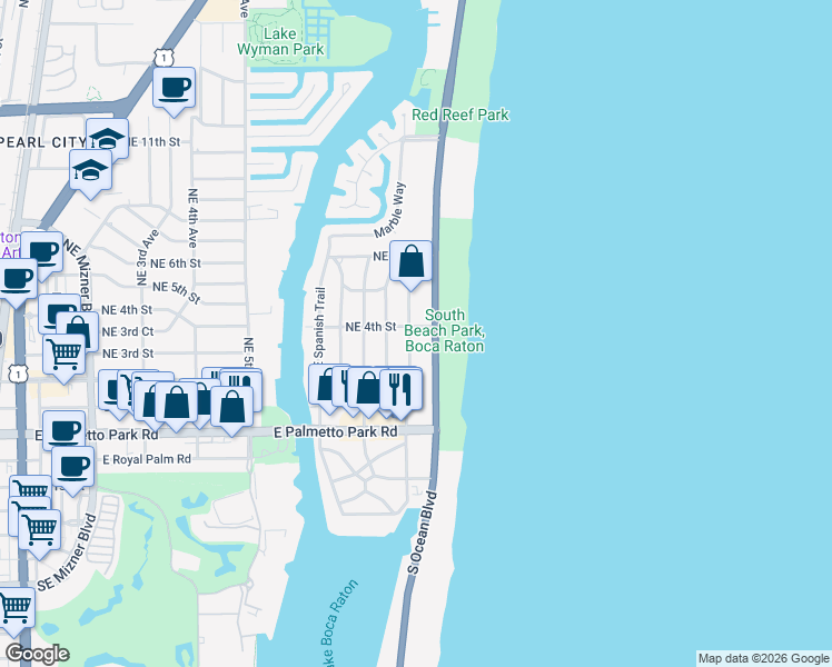 map of restaurants, bars, coffee shops, grocery stores, and more near 299 Southeast Wavecrest Way in Boca Raton
