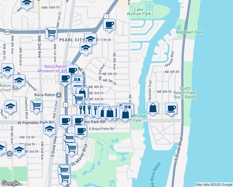 map of restaurants, bars, coffee shops, grocery stores, and more near 435 Northeast 3rd Street in Boca Raton