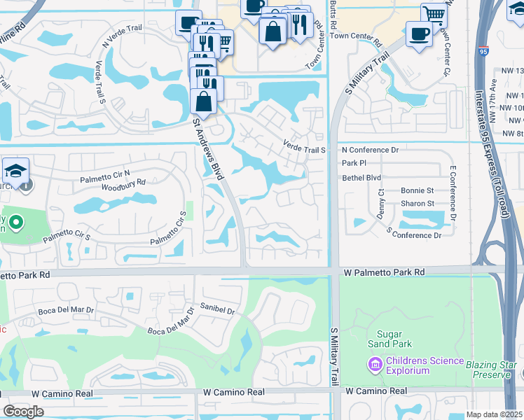 map of restaurants, bars, coffee shops, grocery stores, and more near 5590 Coach House Circle in Boca Raton