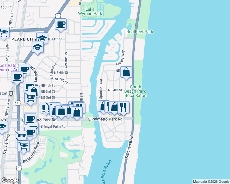 map of restaurants, bars, coffee shops, grocery stores, and more near 800 Northeast 4th Street in Boca Raton
