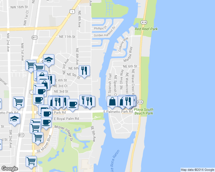 map of restaurants, bars, coffee shops, grocery stores, and more near 333 Northeast Spanish Trail in Boca Raton