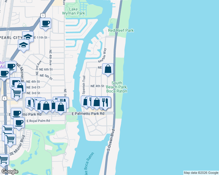 map of restaurants, bars, coffee shops, grocery stores, and more near 299 Southeast Wavecrest Way in Boca Raton